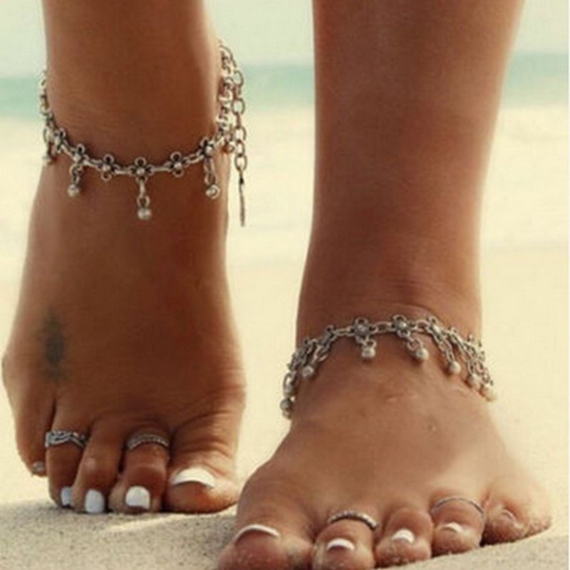 Retro Metal Chain Water Drop Tassel Anklets Ethnic Style Silver Anklets