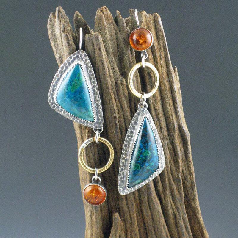 Retro Emerald Asymmetric Earrings Geometric Triangle Amber Turquoise Earrings