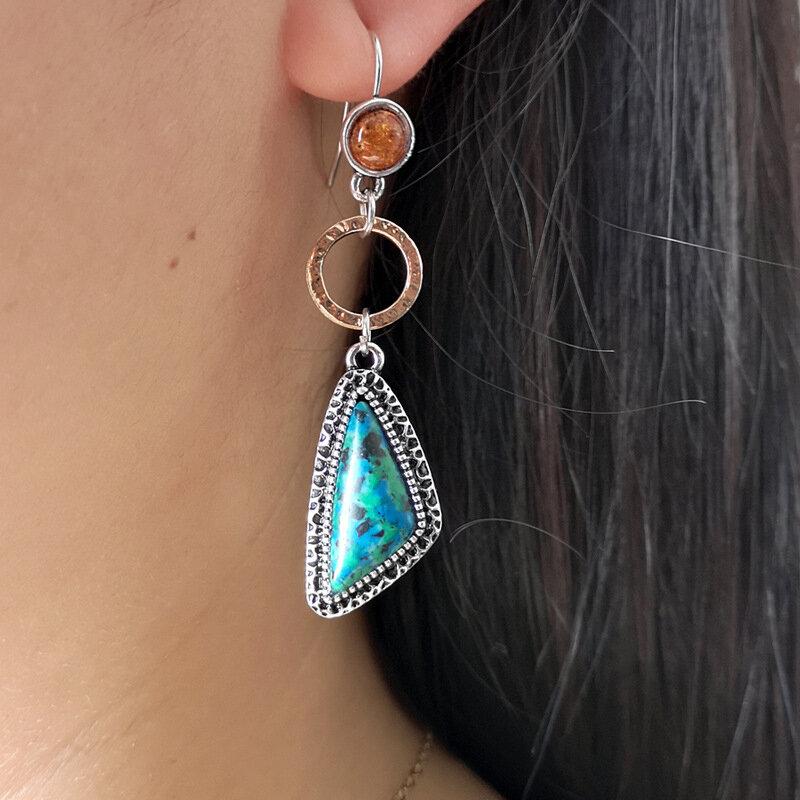 Retro Emerald Asymmetric Earrings Geometric Triangle Amber Turquoise Earrings