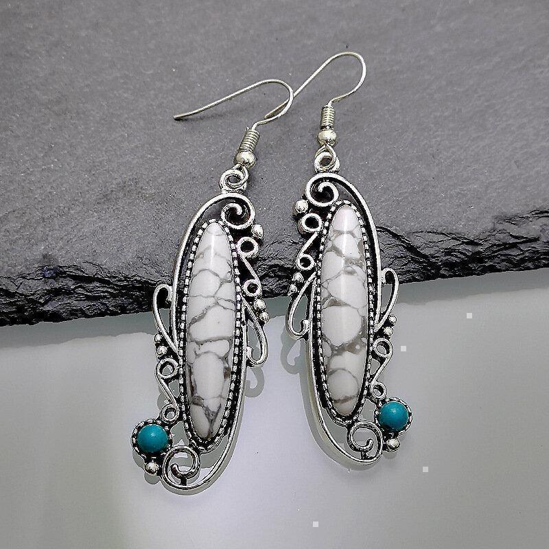 Vintage 925 Ancient Silver White Turquoise Earrings Metal Irregular Carved Turquoise Earrings