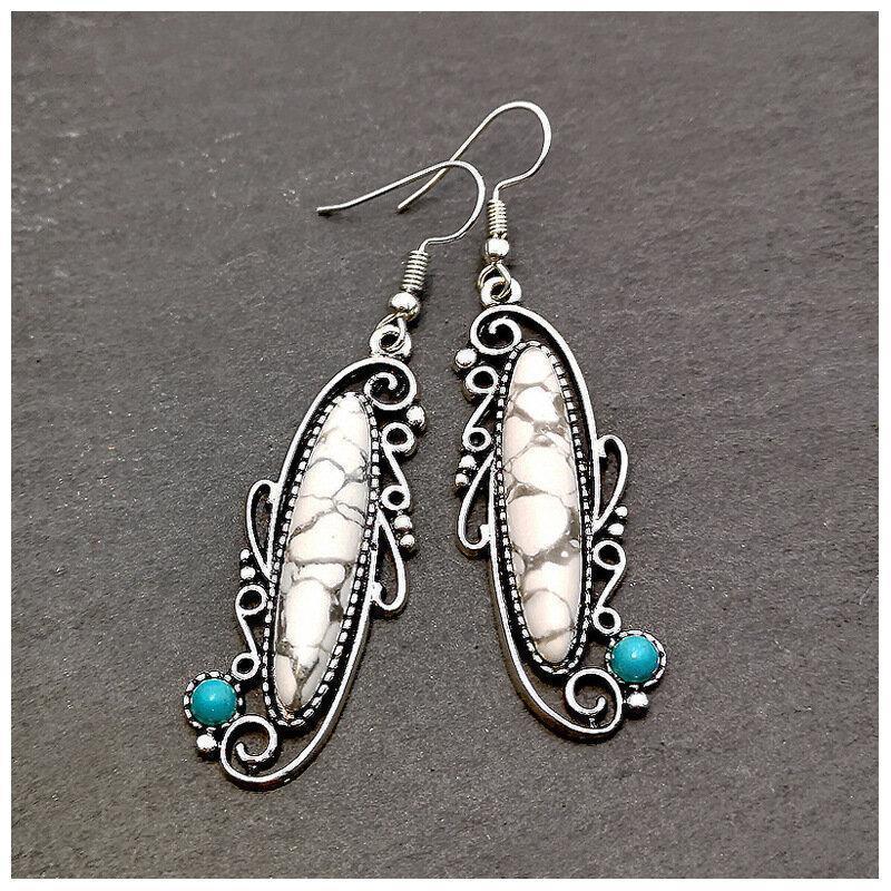 Vintage 925 Ancient Silver White Turquoise Earrings Metal Irregular Carved Turquoise Earrings