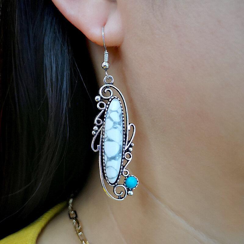 Vintage 925 Ancient Silver White Turquoise Earrings Metal Irregular Carved Turquoise Earrings