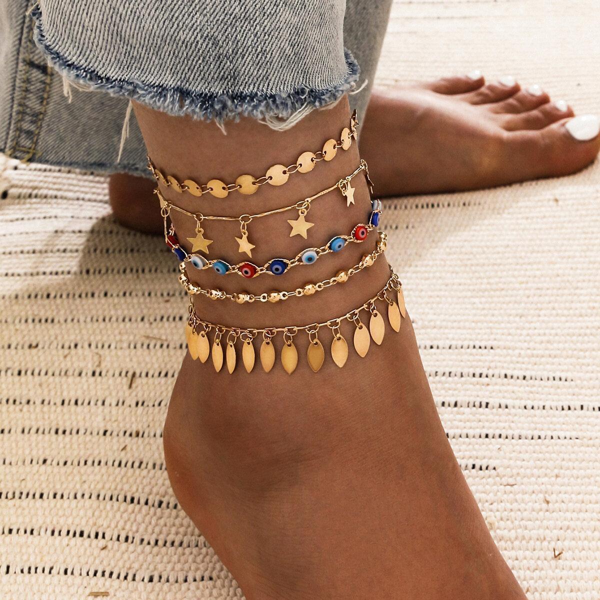 Bohemian Metal Pentagram Tassel Pendant Chain Anklet Geometric Devil's Eye Multi-layer Anklet