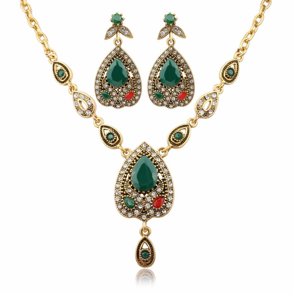Luxury Water Drop Jewelry Set Gold Chain Rhinestone Charm Necklace Earring Ethnic Jewelry for Women