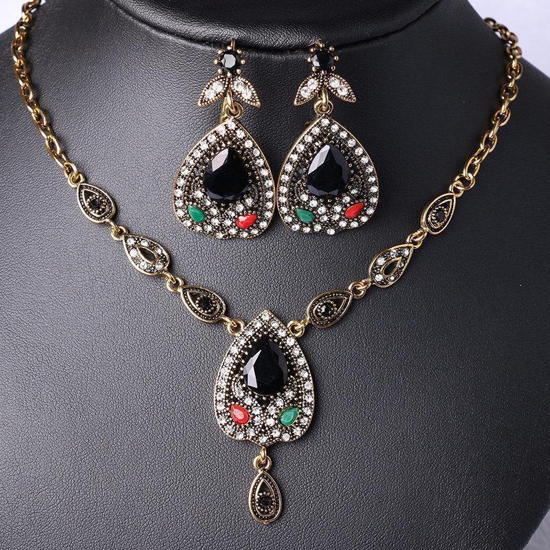 Luxury Water Drop Jewelry Set Gold Chain Rhinestone Charm Necklace Earring Ethnic Jewelry for Women