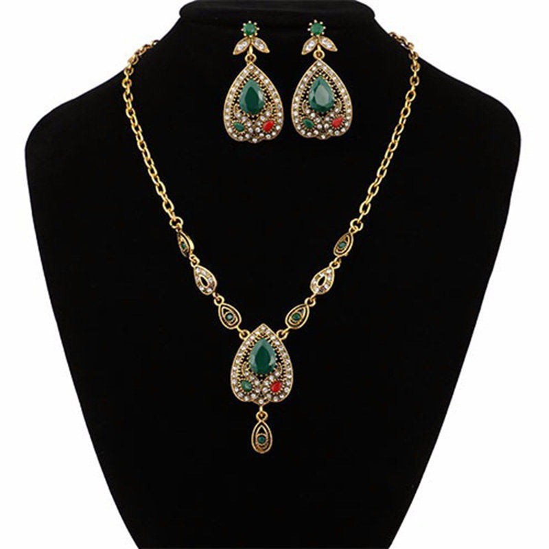 Luxury Water Drop Jewelry Set Gold Chain Rhinestone Charm Necklace Earring Ethnic Jewelry for Women