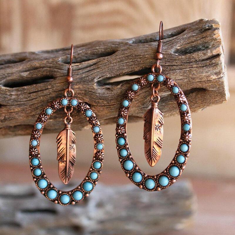 Vintage Ancient Gold Turquoise Feather Earrings Metal Hollow Turquoise Tassel Pendant Earrings