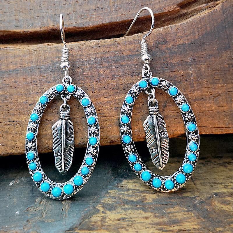 Vintage Ancient Gold Turquoise Feather Earrings Metal Hollow Turquoise Tassel Pendant Earrings