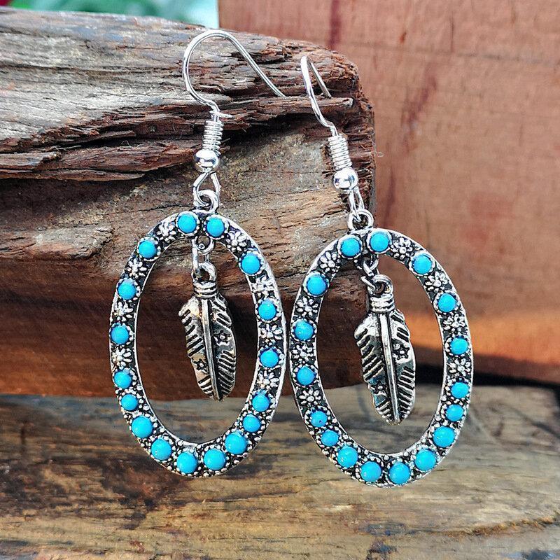 Vintage Ancient Gold Turquoise Feather Earrings Metal Hollow Turquoise Tassel Pendant Earrings