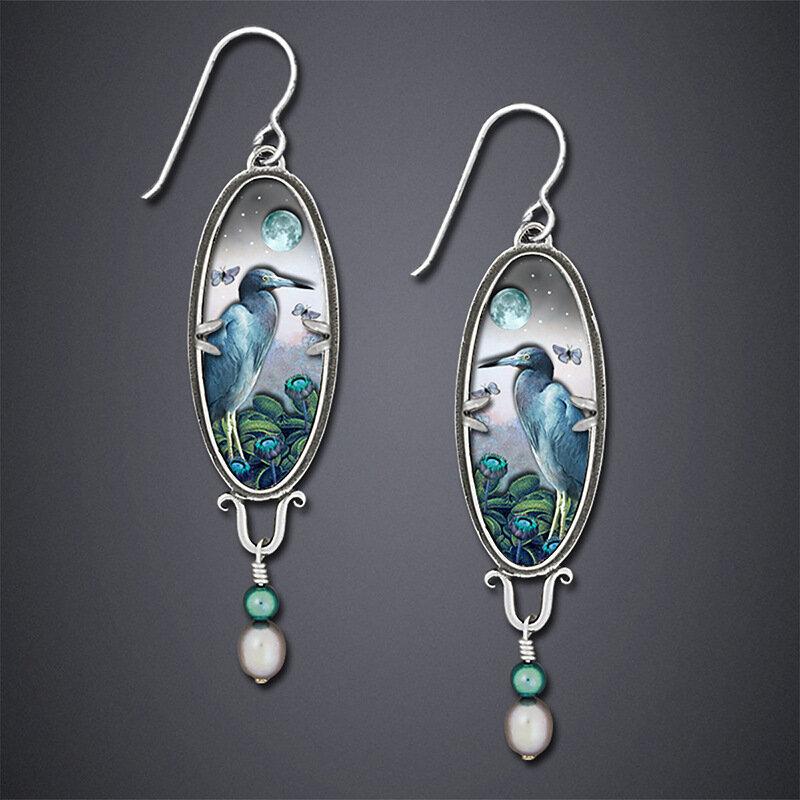 Vintage Sapphire Earrings Bird Flower Blue Heron Pearl Pendant Earrings Women Jewelry