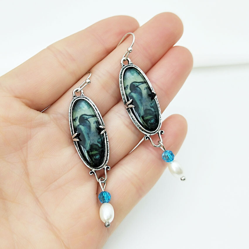 Vintage Sapphire Earrings Bird Flower Blue Heron Pearl Pendant Earrings Women Jewelry