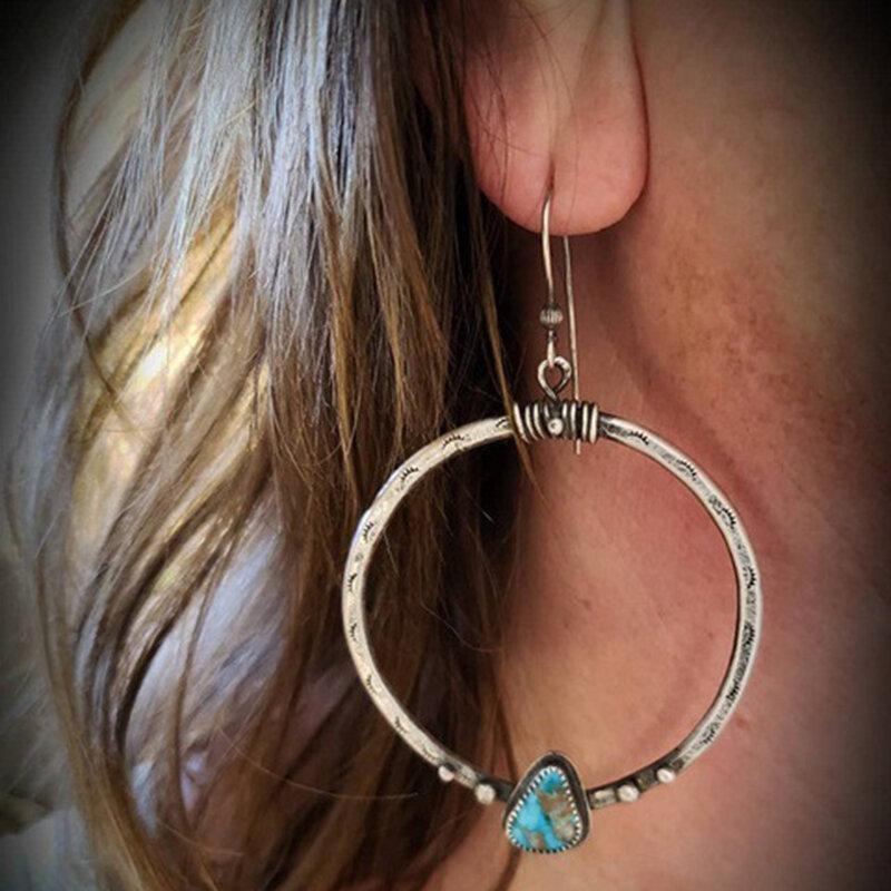 Vintage Geometric Triangle Silver Turquoise Earrings Metal Handmade Big Circle Earrings