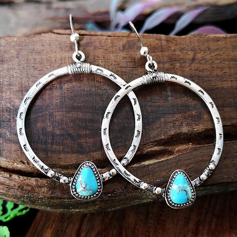 Vintage Geometric Triangle Silver Turquoise Earrings Metal Handmade Big Circle Earrings