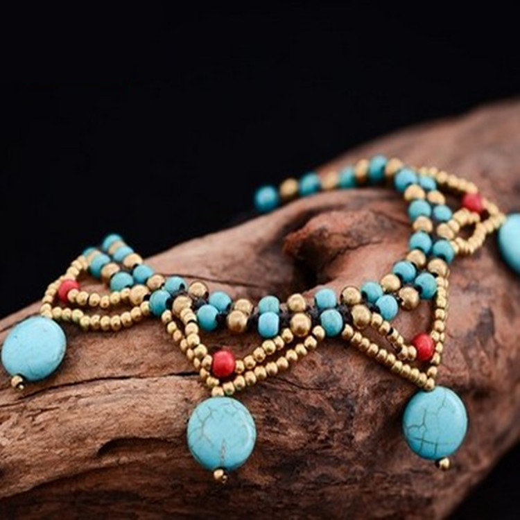 Bohemian Turquoise Beads Braided Copper Bell Anklet