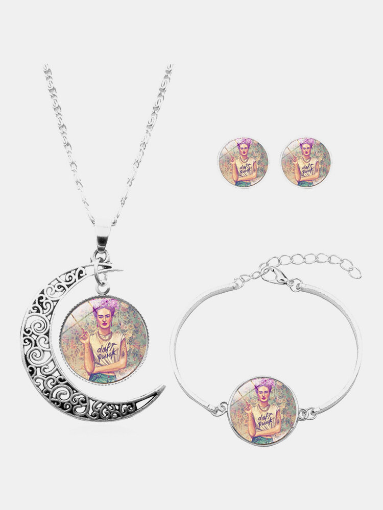 3 Pcs Printed Men Women Jewelry Set Wearing Garland Hollow Half Moon Necklace Bracelet Earring