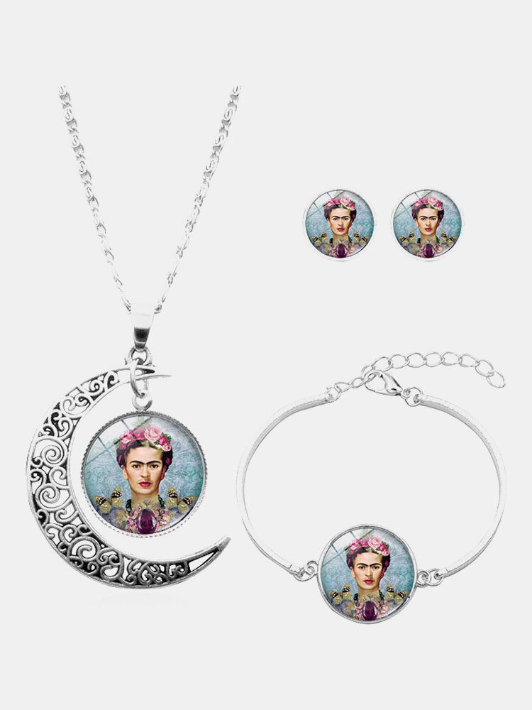 3 Pcs Printed Men Women Jewelry Set Wearing Garland Hollow Half Moon Necklace Bracelet Earring