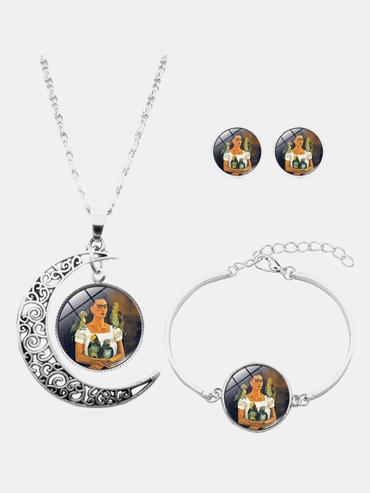 3 Pcs Printed Men Women Jewelry Set Wearing Garland Hollow Half Moon Necklace Bracelet Earring