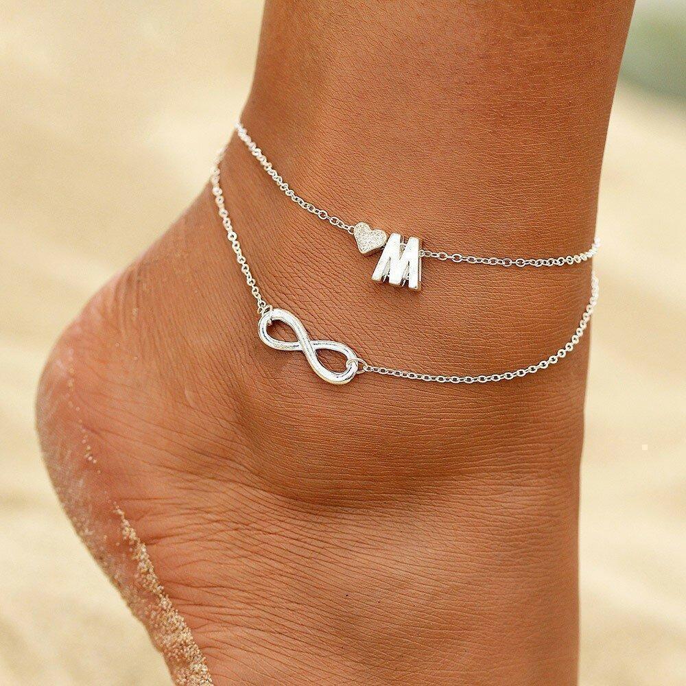 Bohemian Geometric Peach Heart Letter Multi-layer Anklet Metal Infinity Symbol Pendant Anklet