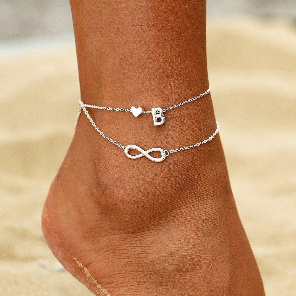 Bohemian Geometric Peach Heart Letter Multi-layer Anklet Metal Infinity Symbol Pendant Anklet