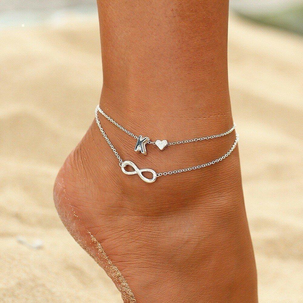 Bohemian Geometric Peach Heart Letter Multi-layer Anklet Metal Infinity Symbol Pendant Anklet