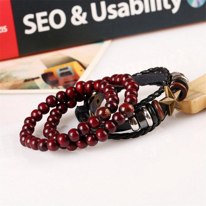 Punk 3PCS Multilayer Bracelet Star Leather Braid Bead Adjustable Bracelet Ethnic Jewelry for Women