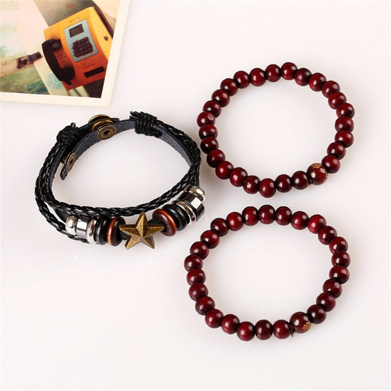 Punk 3PCS Multilayer Bracelet Star Leather Braid Bead Adjustable Bracelet Ethnic Jewelry for Women