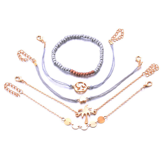 Trendy Coconut Tree Peach Heart Pendant Bracelet Circle Hollow Map Beads Bracelet Set