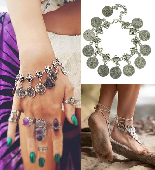 Vintage Alloy Carved Anklet Bohemia Adjustable Ancient Coin Tassel Women Bracelet