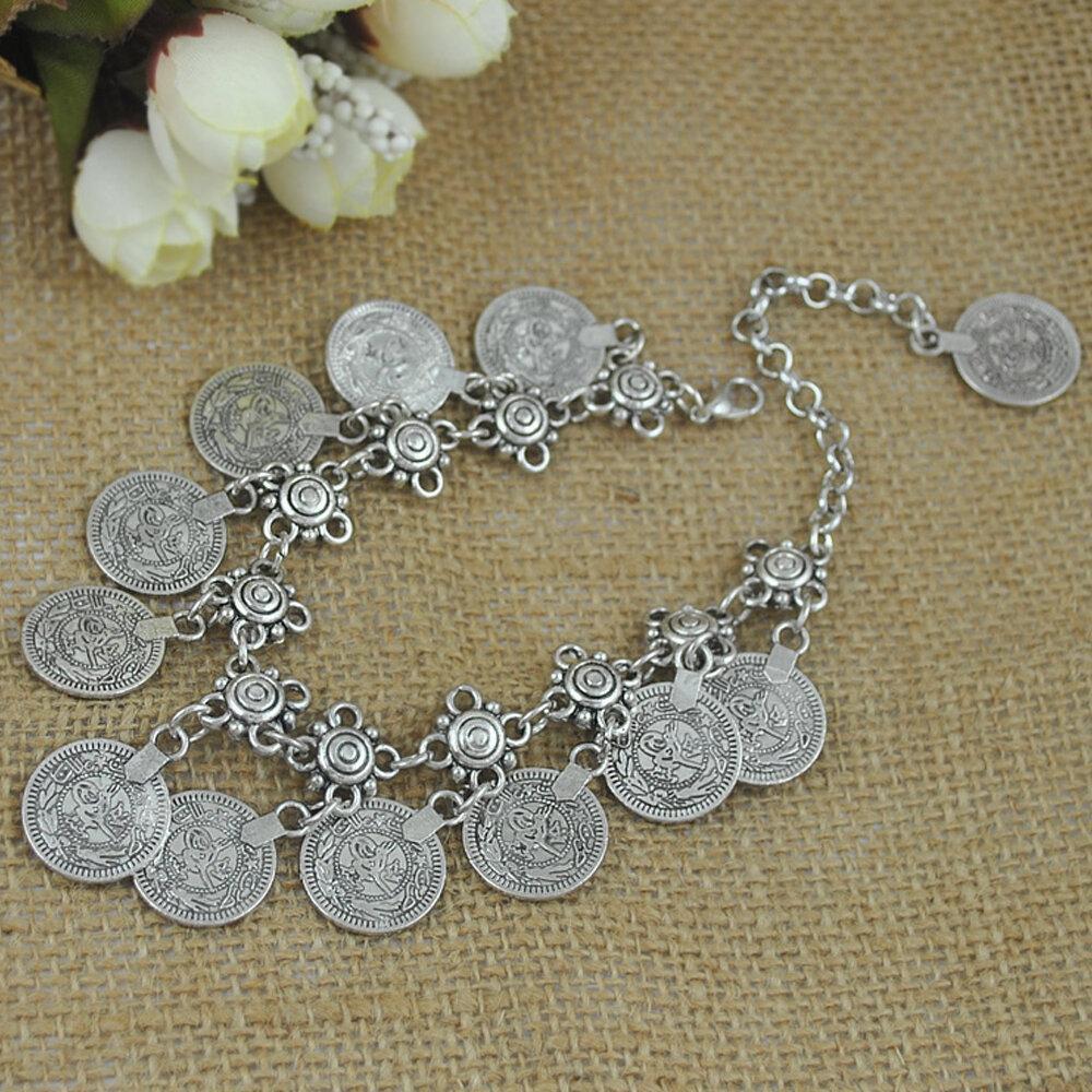 Vintage Alloy Carved Anklet Bohemia Adjustable Ancient Coin Tassel Women Bracelet