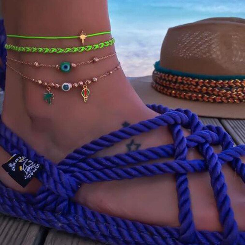 Bohemian Metal Cactus Coconut Tree Pendant Anklet Hand-woven Fluorescent Green Multi-layer Anklet