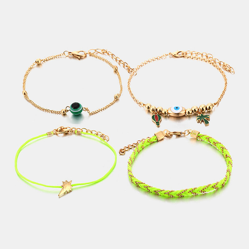 Bohemian Metal Cactus Coconut Tree Pendant Anklet Hand-woven Fluorescent Green Multi-layer Anklet