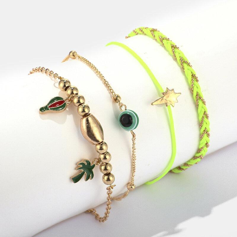 Bohemian Metal Cactus Coconut Tree Pendant Anklet Hand-woven Fluorescent Green Multi-layer Anklet