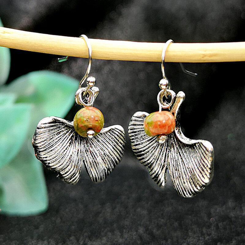 Vintage Metal Green Agate Leaf Earrings Geometric Flower Leaf Stereo Earrings