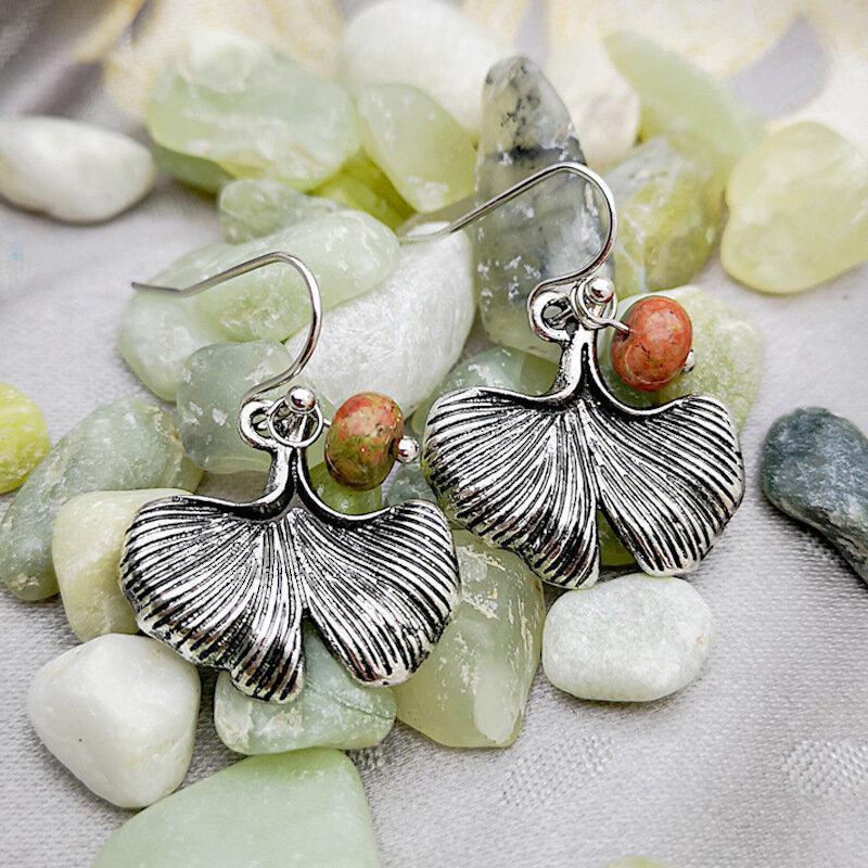 Vintage Metal Green Agate Leaf Earrings Geometric Flower Leaf Stereo Earrings