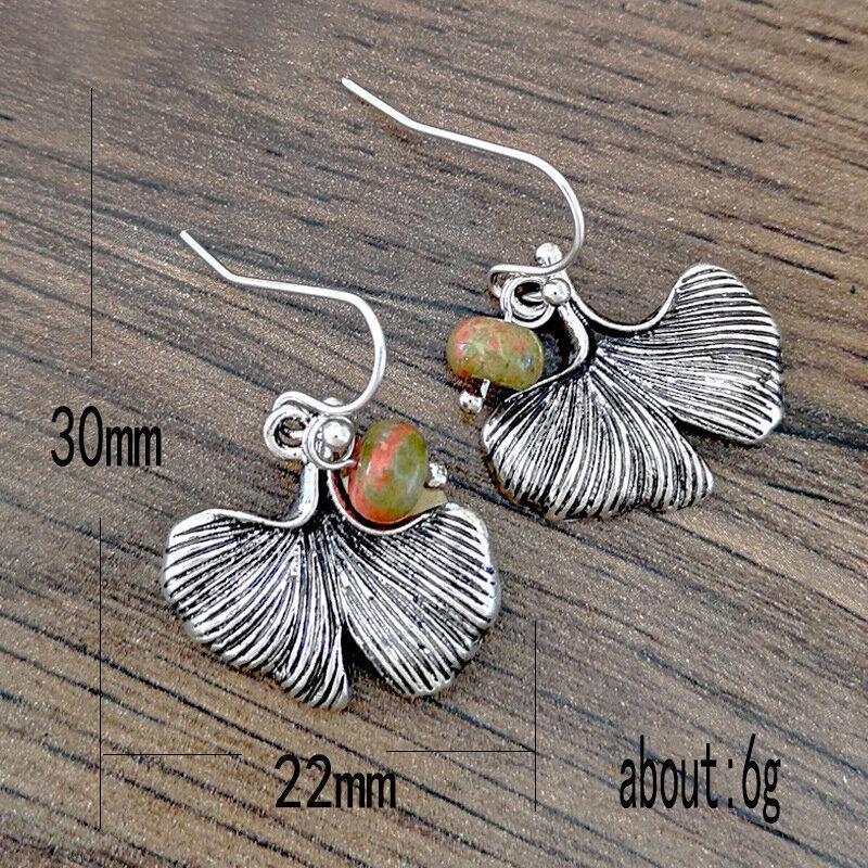 Vintage Metal Green Agate Leaf Earrings Geometric Flower Leaf Stereo Earrings