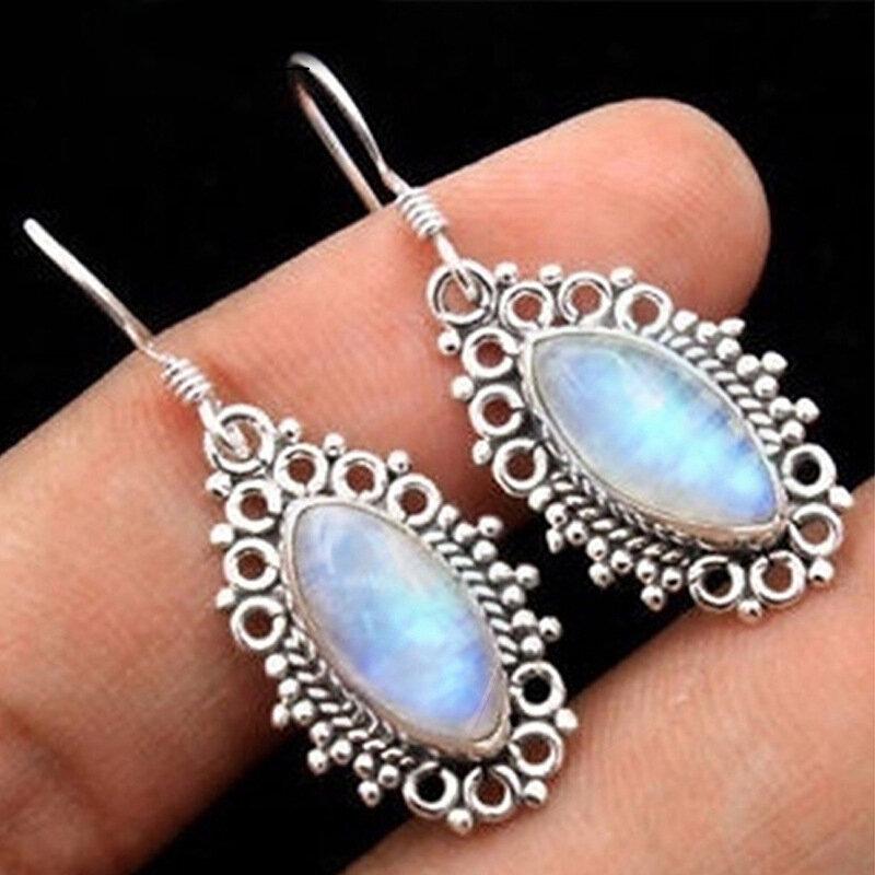 Vintage Geometric Moonstone Earrings Metal Hollow Water Drop Pendant Earrings