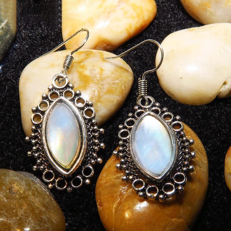 Vintage Geometric Moonstone Earrings Metal Hollow Water Drop Pendant Earrings