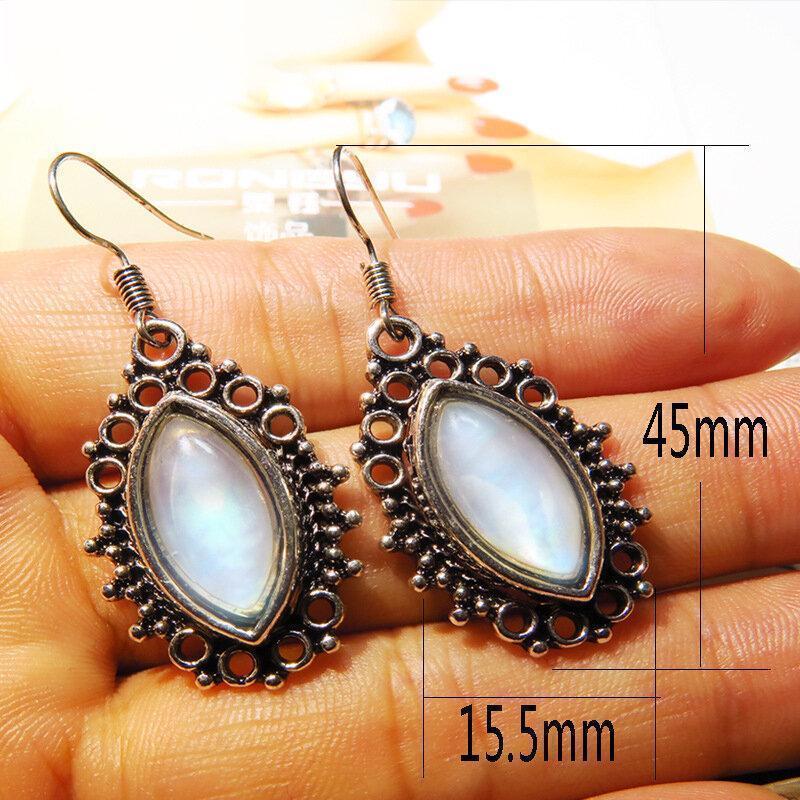 Vintage Geometric Moonstone Earrings Metal Hollow Water Drop Pendant Earrings