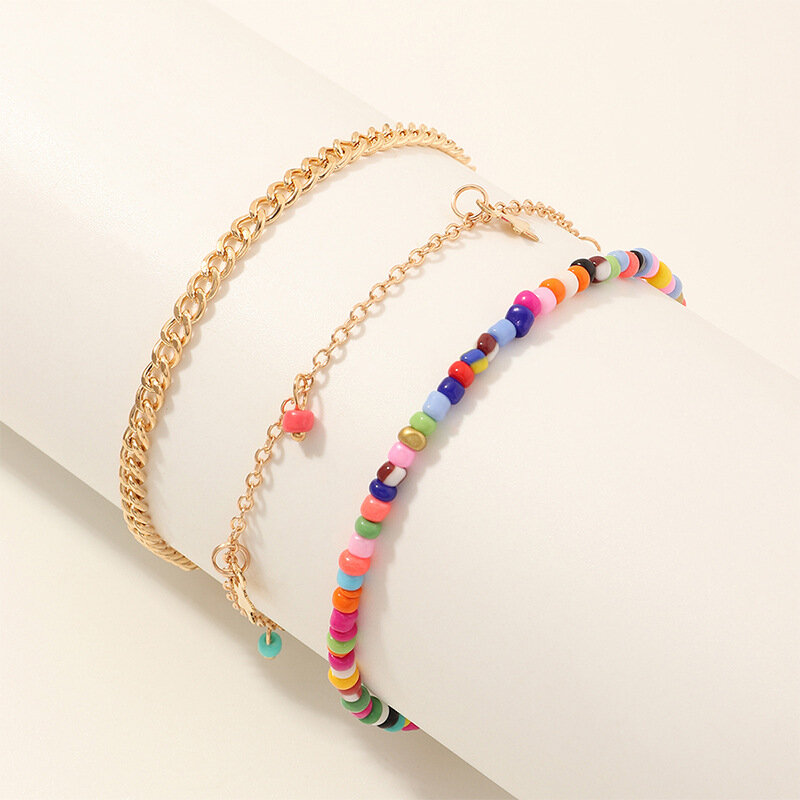 Bohemian Geometric Matal Chain Multi-layer Anklet Colorful Rice Beads Five-pointed Star Tassel Anklet