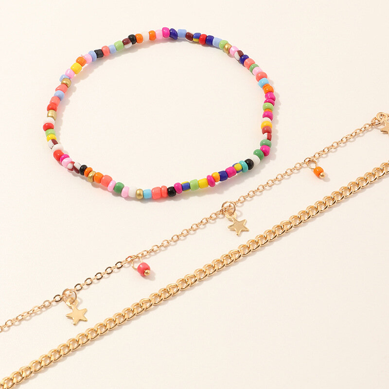 Bohemian Geometric Matal Chain Multi-layer Anklet Colorful Rice Beads Five-pointed Star Tassel Anklet