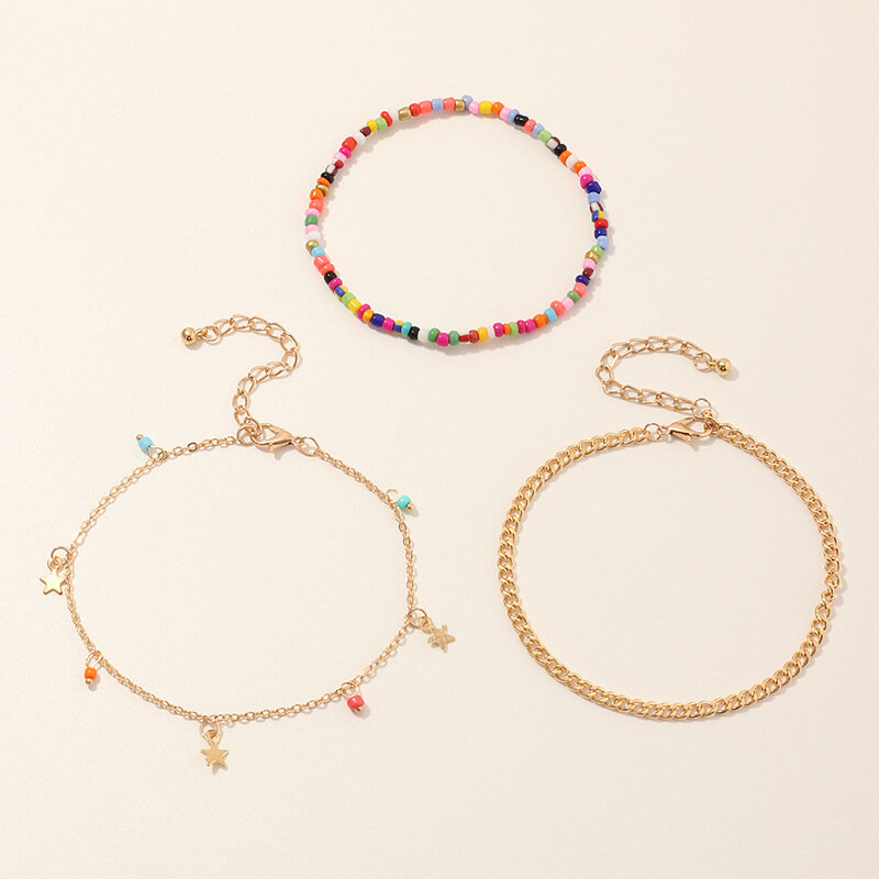 Bohemian Geometric Matal Chain Multi-layer Anklet Colorful Rice Beads Five-pointed Star Tassel Anklet