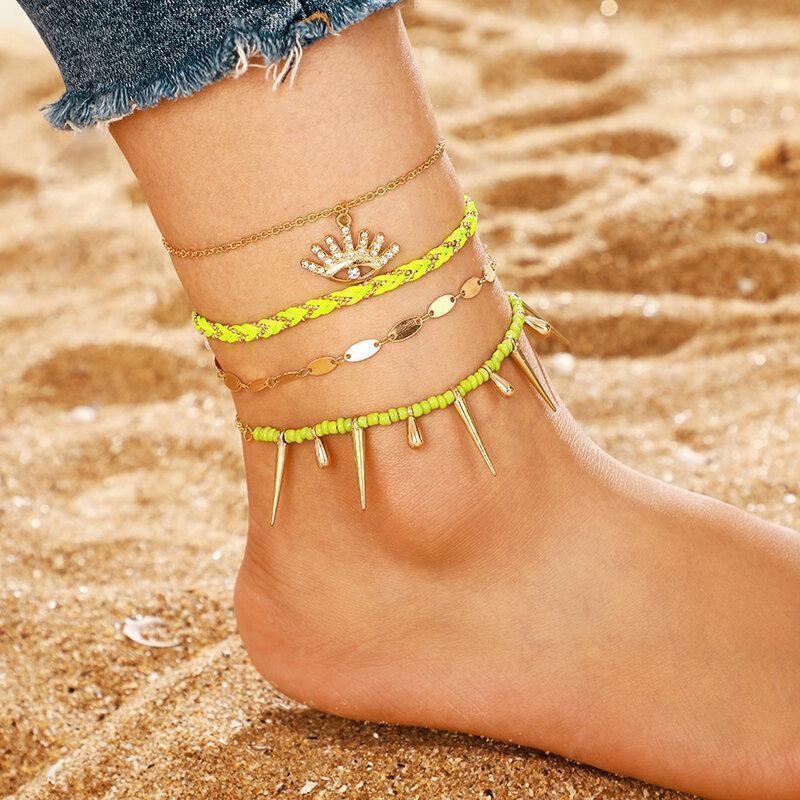 Bohemian Metal Hollow Rhinestone Eye Pendant Anklet Fluorescent Green Woven Anklet