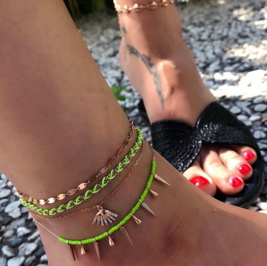 Bohemian Metal Hollow Rhinestone Eye Pendant Anklet Fluorescent Green Woven Anklet