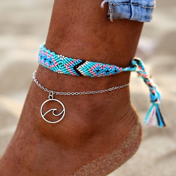 Bohemian Charm Anklet A Set of Braided Rope Hollow Geometric Pendant Anklet Ethnic jewelry for Women