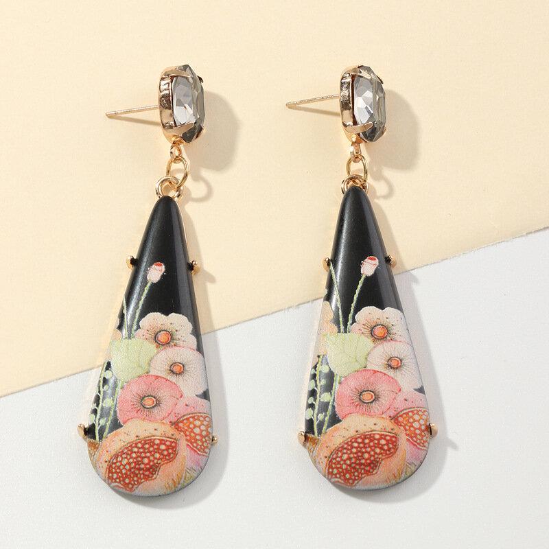 Vintage Resin Printed Pendant Earrings Metal Irregular Water Drop Earrings