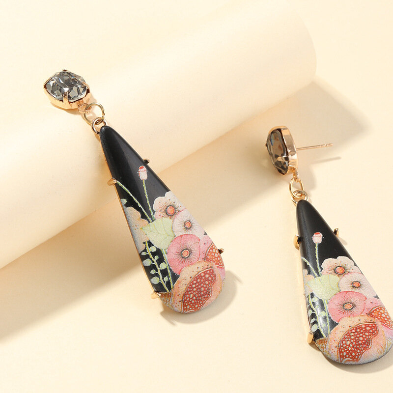 Vintage Resin Printed Pendant Earrings Metal Irregular Water Drop Earrings