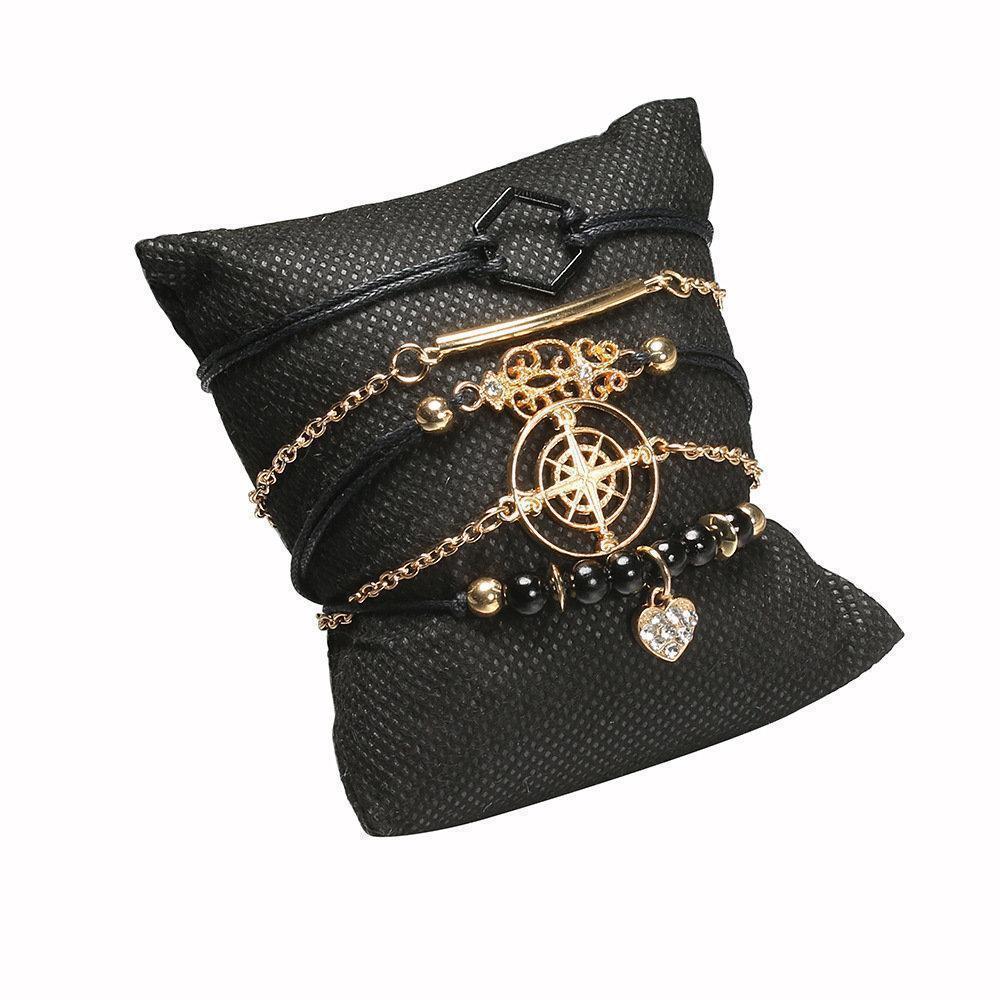 Vintage 5 Pcs Bracelet Set Compass Rhinestone Pendant Bracelet Ethnic Beading Bracelet for Women