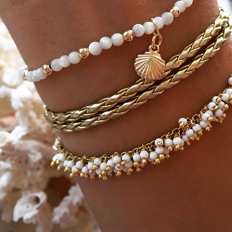 Bohemian Metal Shell Tassel Multi-layer Anklet Pearl Hand Woven Tassel Anklet