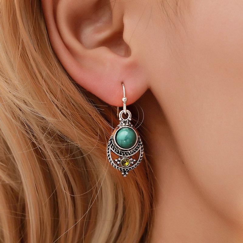 Bohemian Turquoise Pendant Earrings Vintage Metal Hollow Carved Earrings