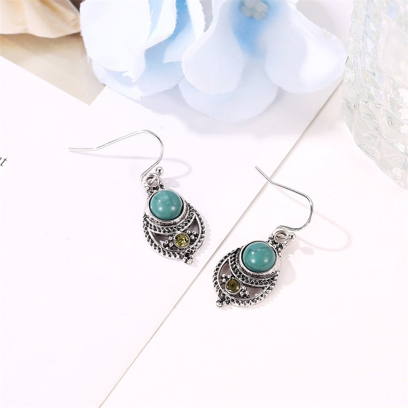 Bohemian Turquoise Pendant Earrings Vintage Metal Hollow Carved Earrings